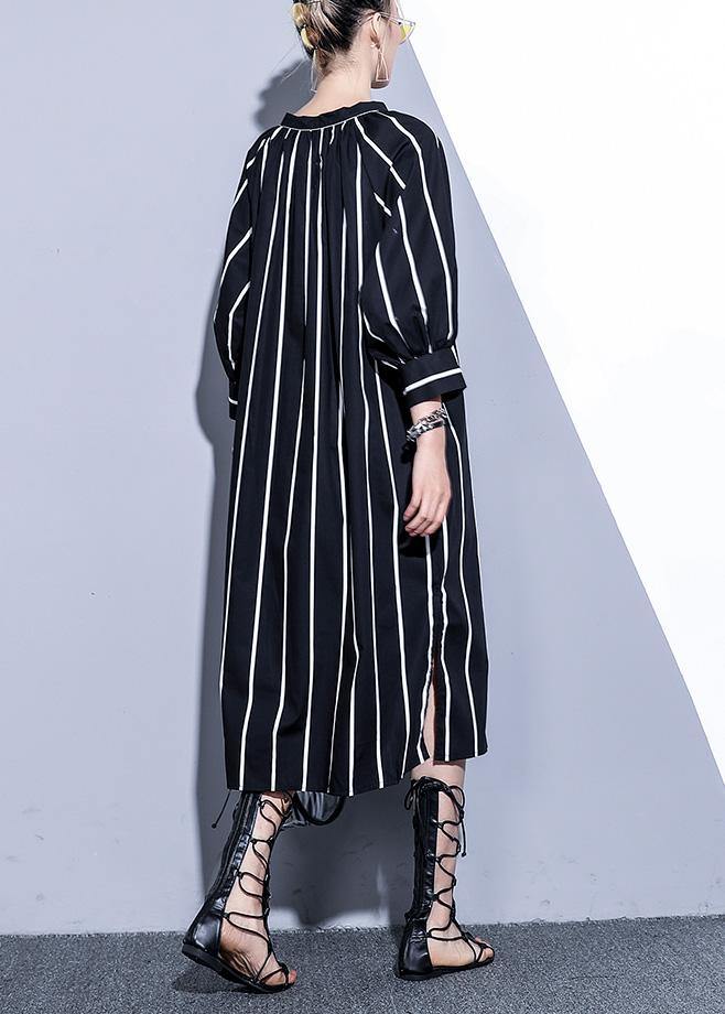 Simple O Neck Side Open Tunics Black Striped Cotton Robes Dress Summer