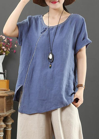 Simple O Neck Side Open Linen Summer Top Blue Cotton Tops