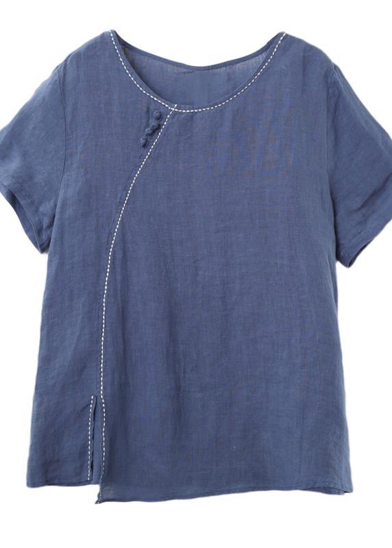 Simple O Neck Side Open Linen Summer Top Blue Cotton Tops