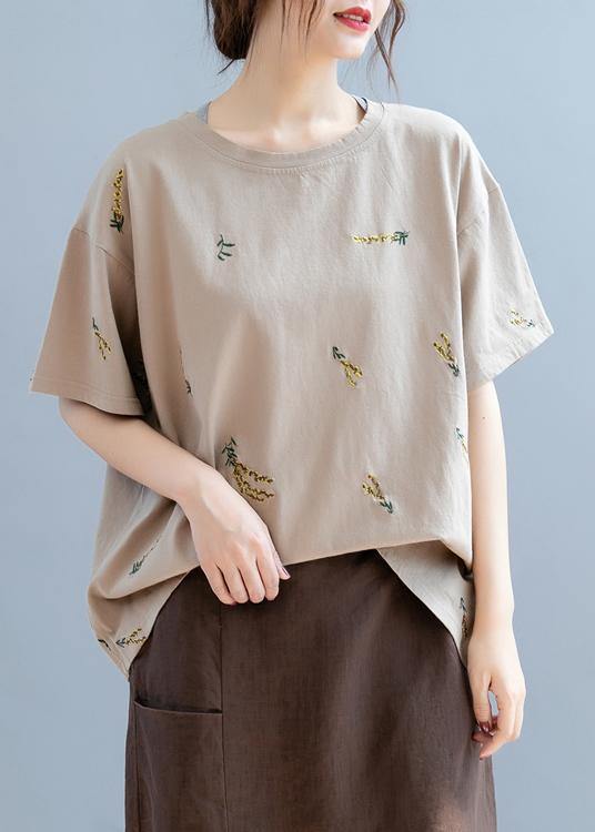 Simple O Neck Top Work Brown Embroidery Tops