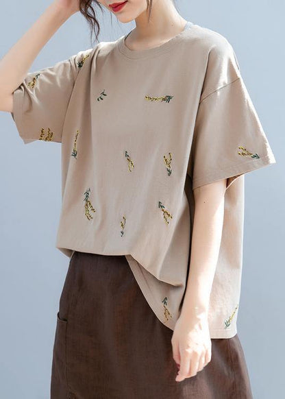 Simple O Neck Top Work Brown Embroidery Tops