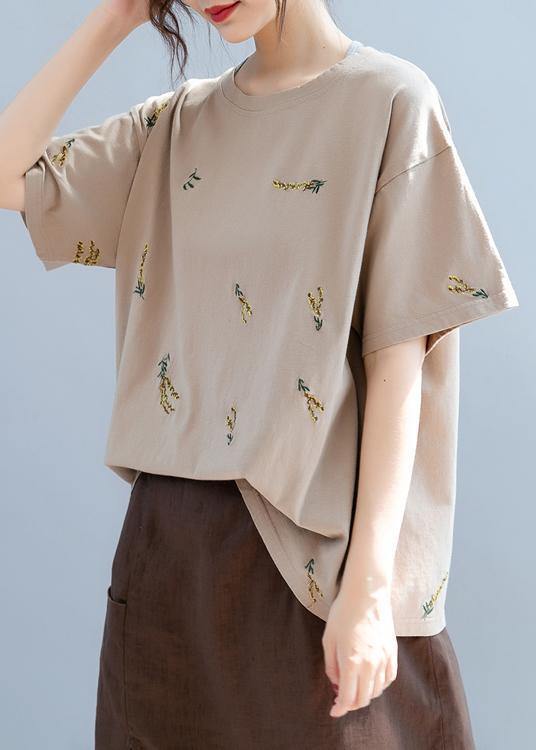 Simple O Neck Top Work Brown Embroidery Tops