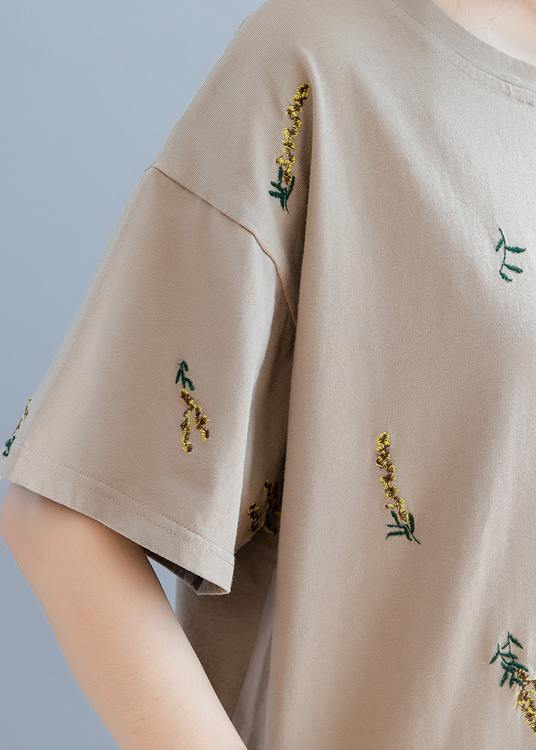 Simple O Neck Top Work Brown Embroidery Tops