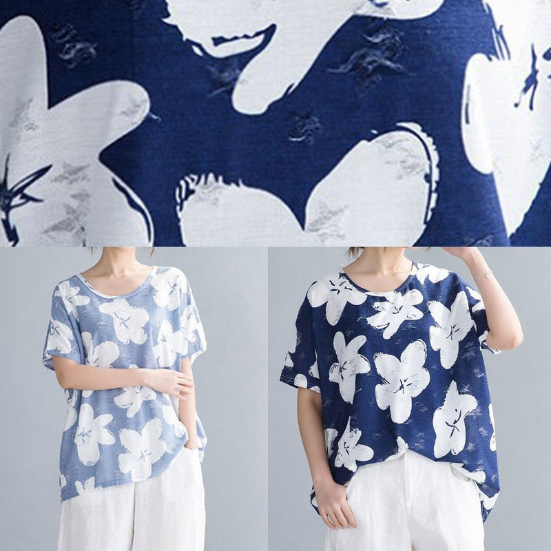 Simple O Neck Tunic Pattern Neckline Light Blue Print Tops