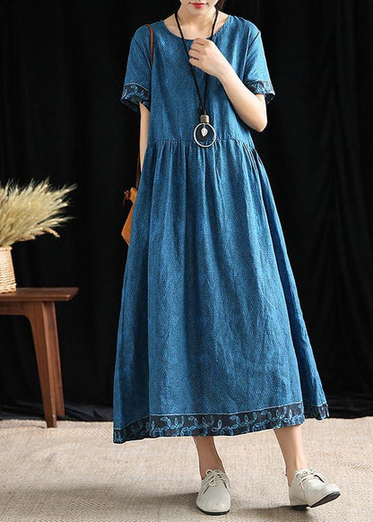 Simple O Neck Cinched Cotton Outfit Tutorials Blue Print Dresses
