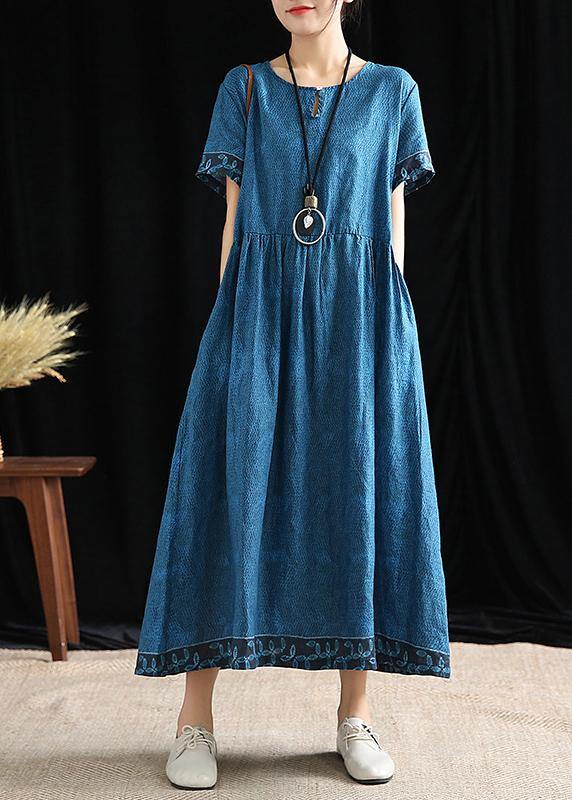Simple O Neck Cinched Cotton Outfit Tutorials Blue Print Dresses