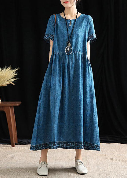 Simple O Neck Cinched Cotton Outfit Tutorials Blue Print Dresses