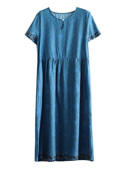 Simple O Neck Cinched Cotton Outfit Tutorials Blue Print Dresses