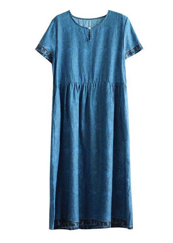 Simple O Neck Cinched Cotton Outfit Tutorials Blue Print Dresses
