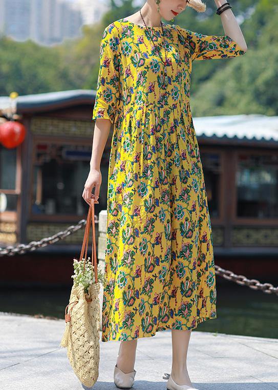 Simple O Neck Cinched Linen Yellow Print Dresses Summer