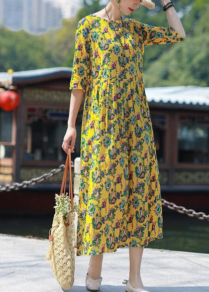 Simple O Neck Cinched Linen Yellow Print Dresses Summer