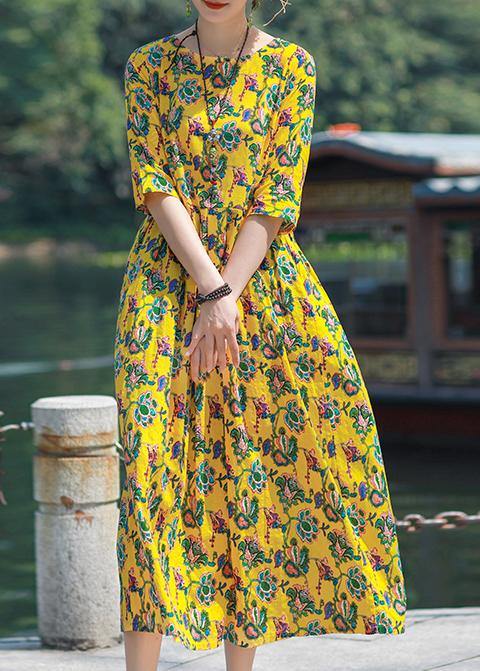 Simple O Neck Cinched Linen Yellow Print Dresses Summer