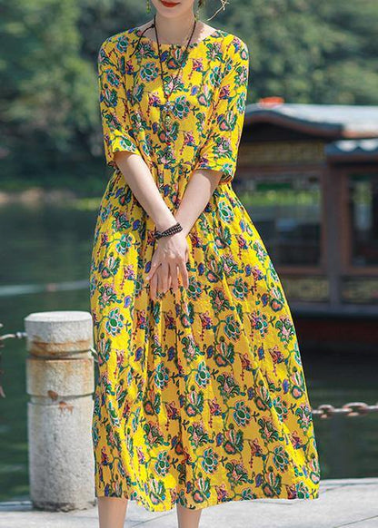 Simple O Neck Cinched Linen Yellow Print Dresses Summer