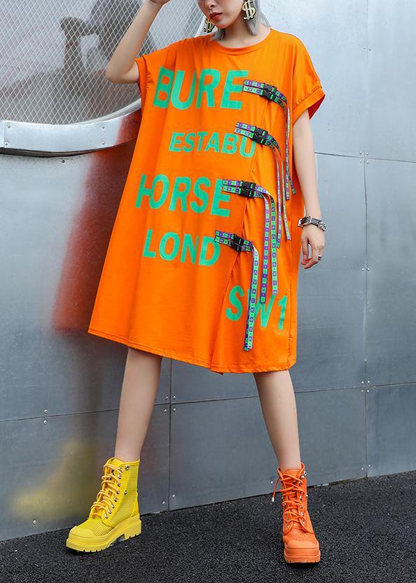 Simple Orange Print Cotton O Neck Stylish Baggy Summer Dresses