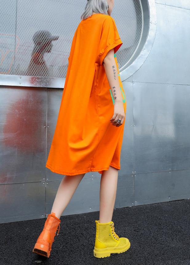 Simple Orange Print Cotton O Neck Stylish Baggy Summer Dresses