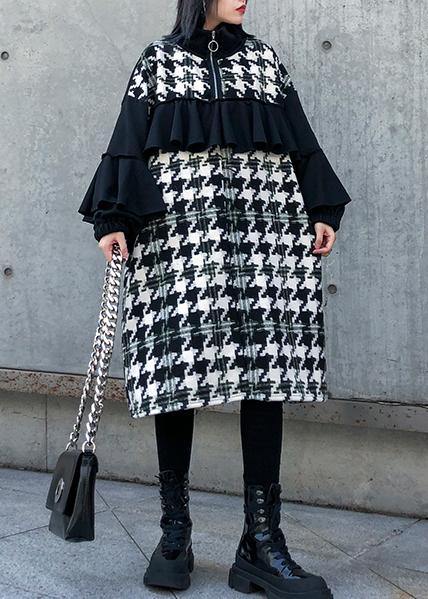 Simple Patchwork Cotton Dresses Stand Collar Ruffles Dresses