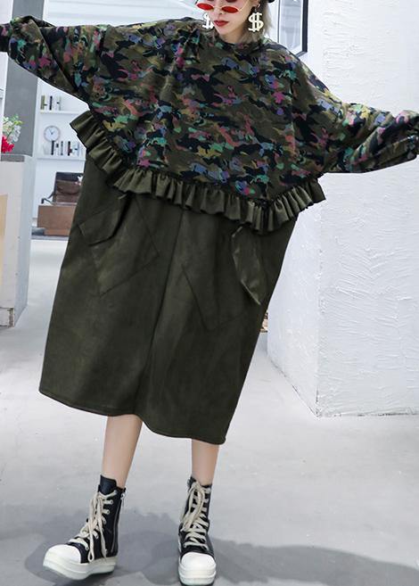 Simple Patchwork Camouflage Tunics for O Neck Ruffles Dresses