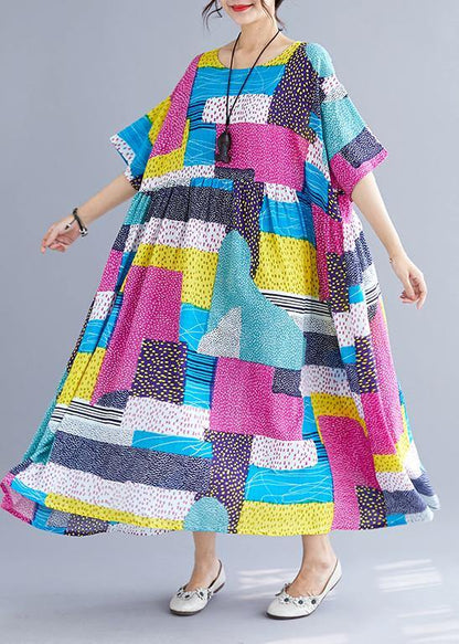 Simple Patchwork Color Cotton Dresses Inspiration Rose O Neck Cotton Robes Dress Summer