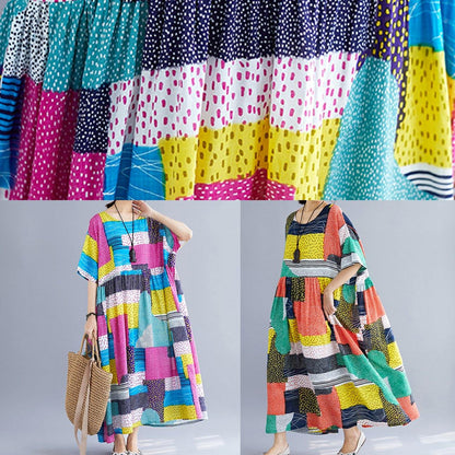 Simple Patchwork Color Cotton Dresses Inspiration Rose O Neck Cotton Robes Dress Summer
