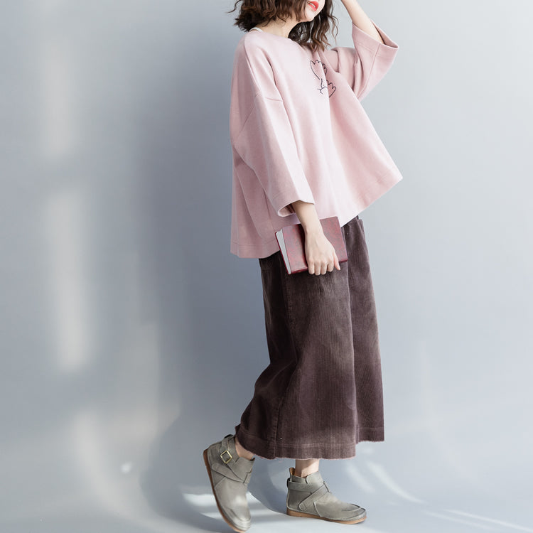 Simple Pink Cotton Blouses for Fitted Tunic Tops Cotton Spring O Neck Shirt