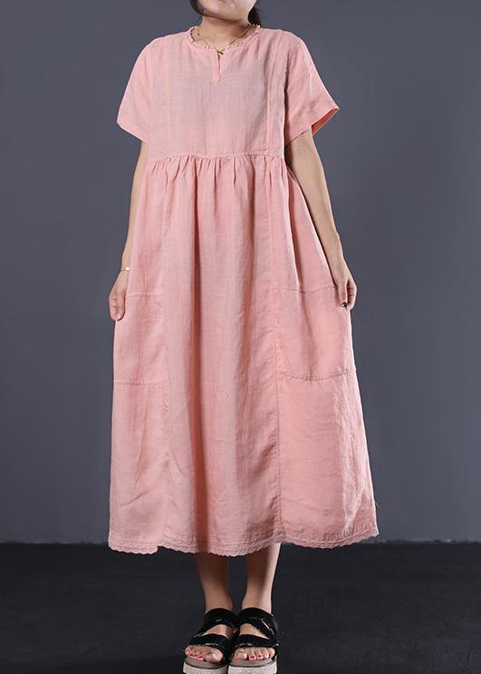 Simple Pink High Waist Linen Wardrobes V Neck Kaftan Summer Dress