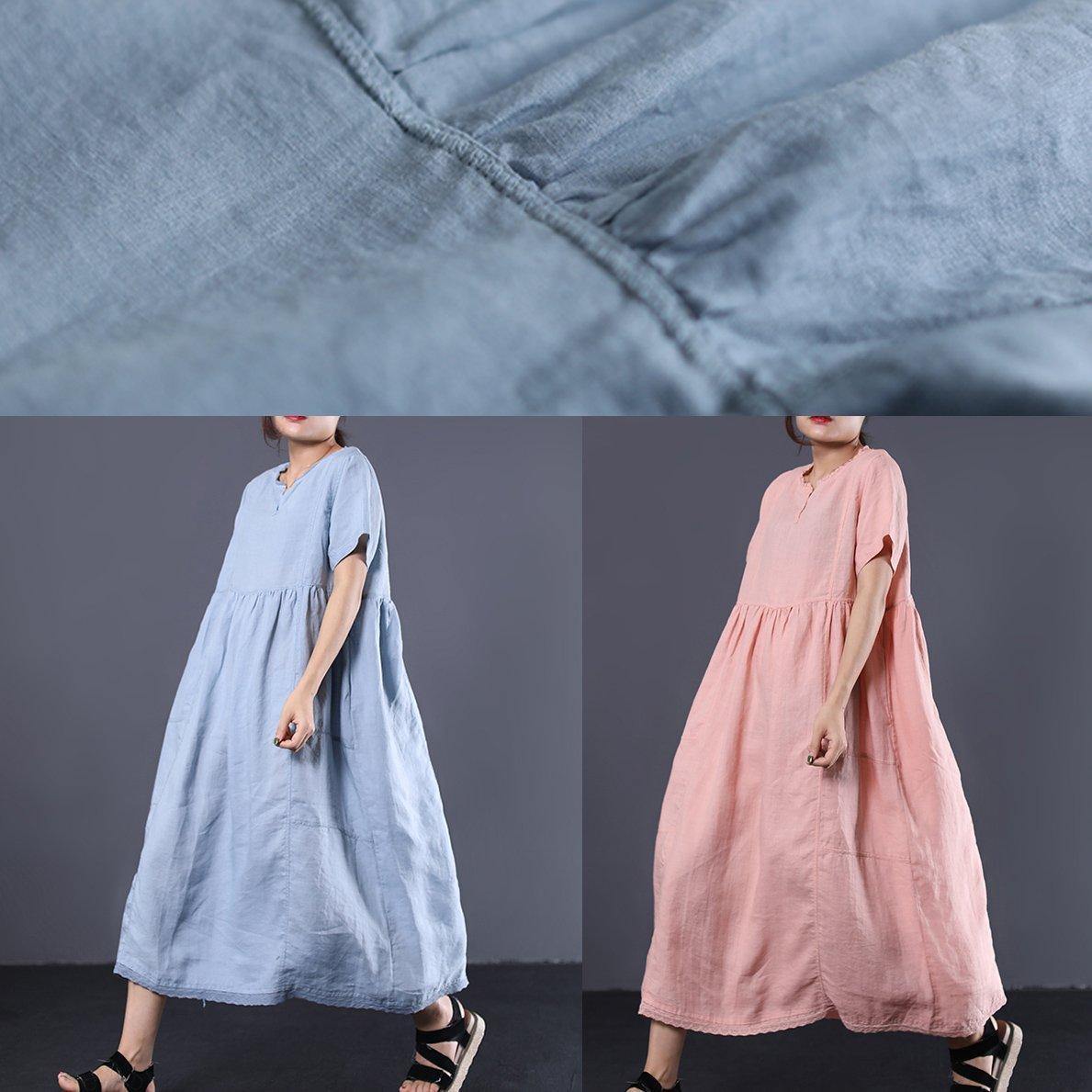 Simple Pink High Waist Linen Wardrobes V Neck Kaftan Summer Dress
