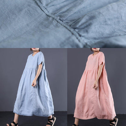 Simple Pink High Waist Linen Wardrobes V Neck Kaftan Summer Dress