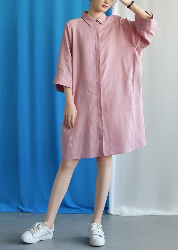 Simple Pink Linen Dress Flare Sleeve Cotton Fall Dress