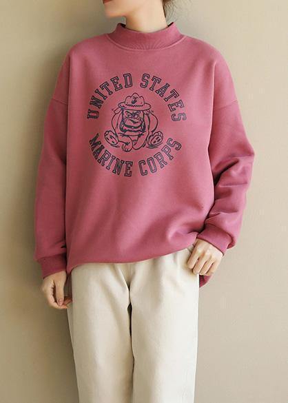 Simple Pink Prints Cotton Shirts Half High Neck Short Spring Sweatshirt