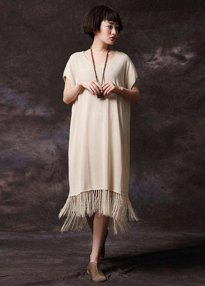 Simple Pink Tassel Cotton Long Shirts O Neck Loose Summer Dress
