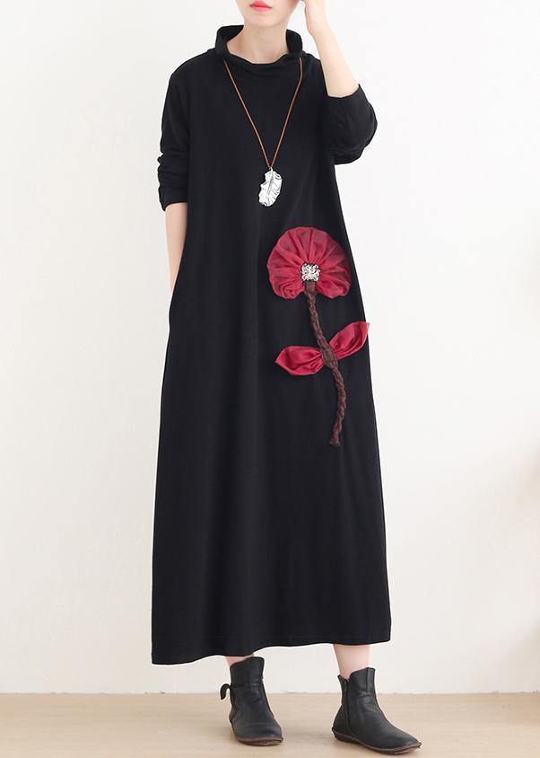 Simple Red Lotus Long Dress High Neck Maxi Dress