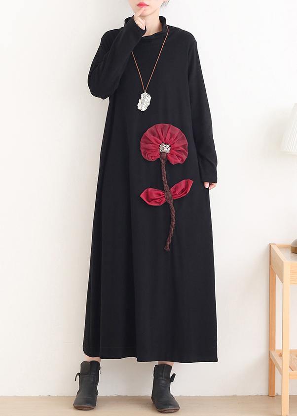 Simple Red Lotus Long Dress High Neck Maxi Dress