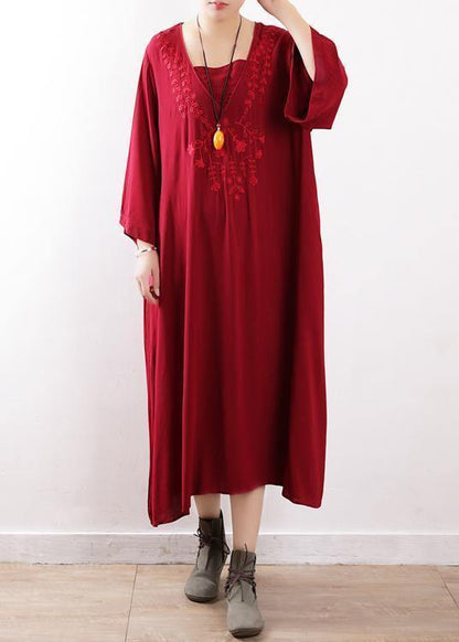 Simple Red Embroidery Clothes for O Neck Maxi Fall Dresses