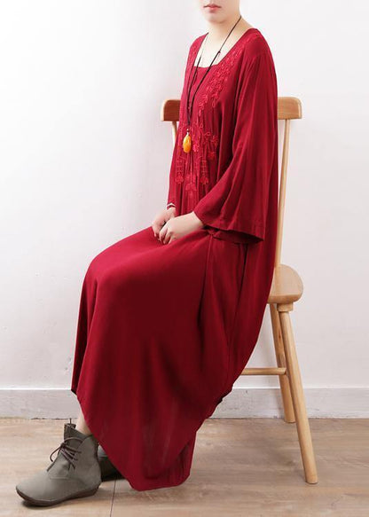 Simple Red Embroidery Clothes for O Neck Maxi Fall Dresses