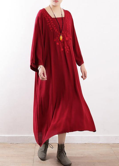 Simple Red Embroidery Clothes for O Neck Maxi Fall Dresses