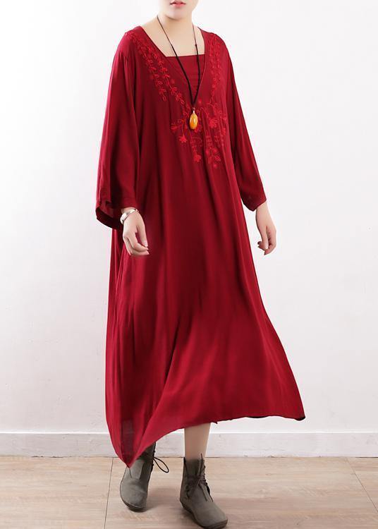 Simple Red Embroidery Clothes for O Neck Maxi Fall Dresses