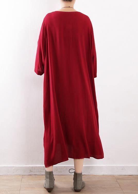 Simple Red Embroidery Clothes for O Neck Maxi Fall Dresses