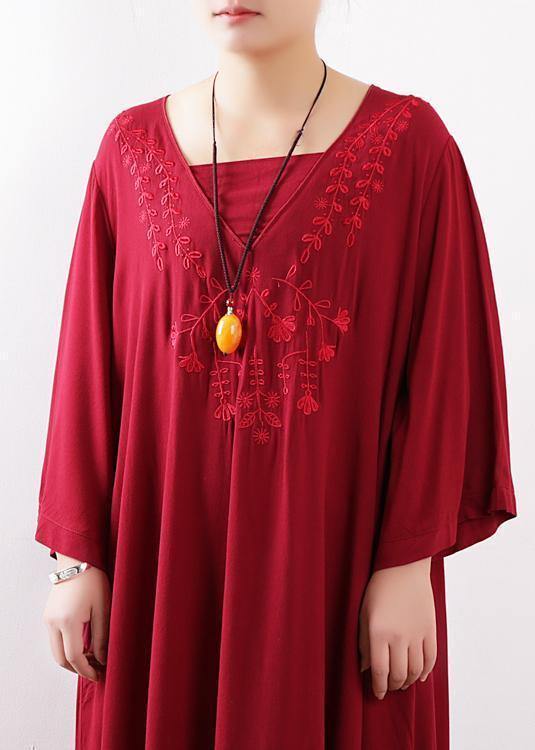 Simple Red Embroidery Clothes for O Neck Maxi Fall Dresses