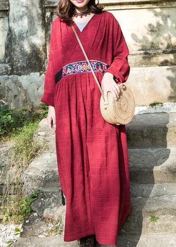 Simple Red Linen Clothes V Neck Embroidery Cotton Robes Summer Dresses