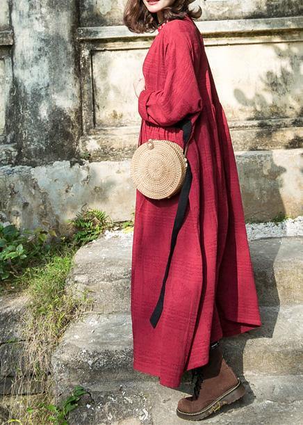 Simple Red Linen Clothes V Neck Embroidery Cotton Robes Summer Dresses