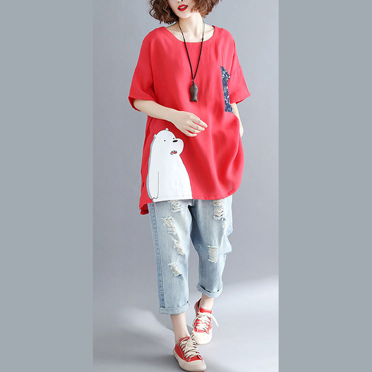 Simple Red Linen Cotton Linen Tops Blouses Design Pockets Batwing Sleeve Daily Tops