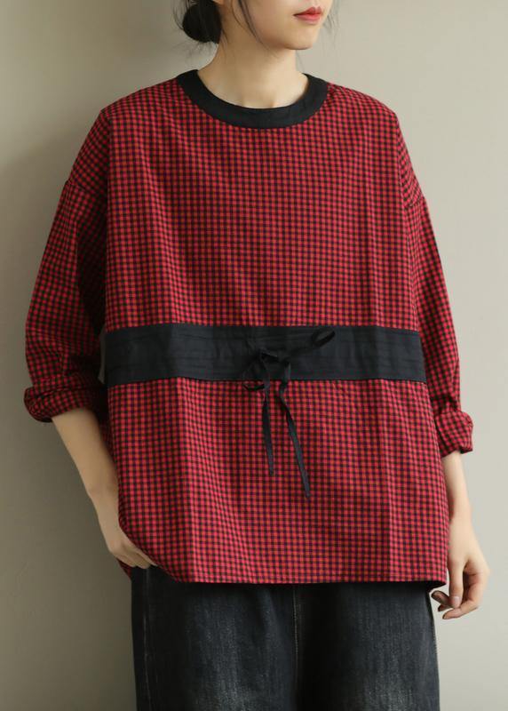 Simple Red Plaid Clothes O Neck Tie Waist Baggy Fall Top