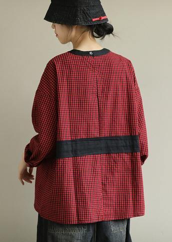 Simple Red Plaid Clothes O Neck Tie Waist Baggy Fall Top