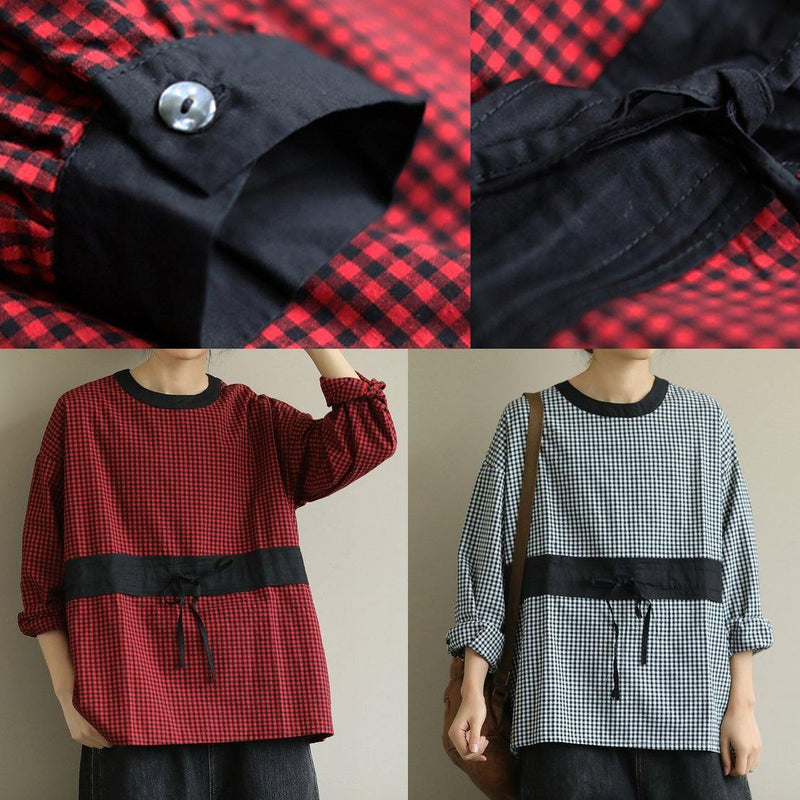 Simple Red Plaid Clothes O Neck Tie Waist Baggy Fall Top