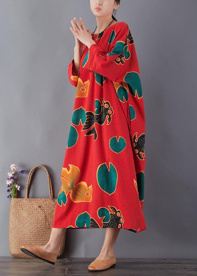 Simple Red Print Cotton Dress O Neck Pockets Maxi Summer Dresses