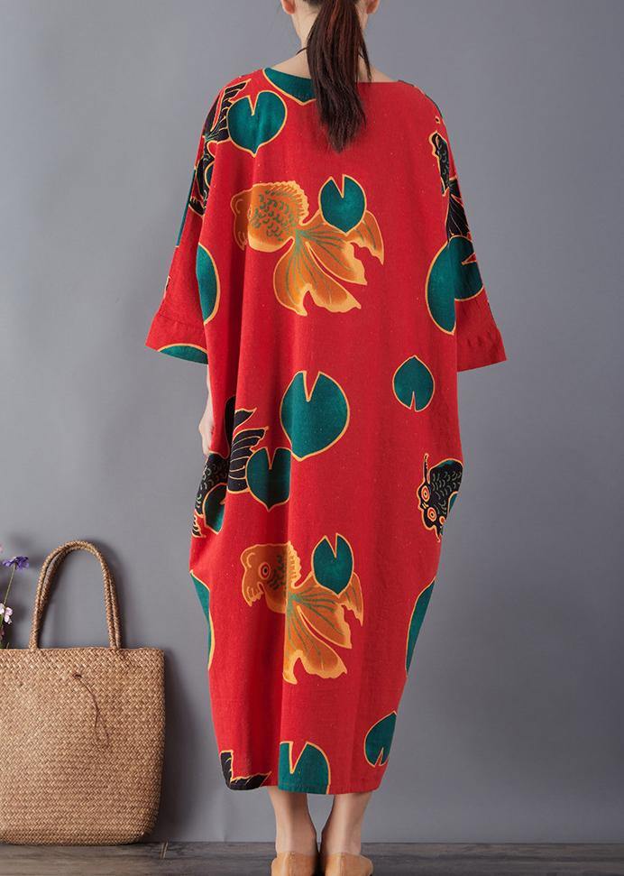 Simple Red Print Cotton Dress O Neck Pockets Maxi Summer Dresses