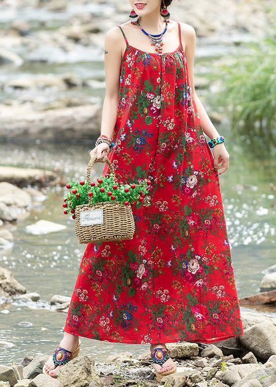 Simple Red Print Cotton Quilting Dresses Sleeveless Tie Waist a Line Summer Dresses