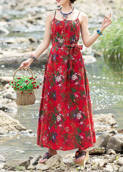 Simple Red Print Cotton Quilting Dresses Sleeveless Tie Waist a Line Summer Dresses