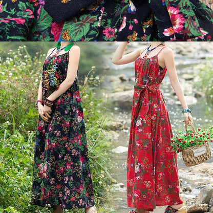 Simple Red Print Cotton Quilting Dresses Sleeveless Tie Waist a Line Summer Dresses