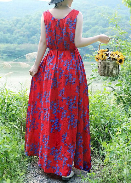 Simple Red Print Linen Cotton Clothes O Neck Sleeveless Drawstring Long Summer Dresses